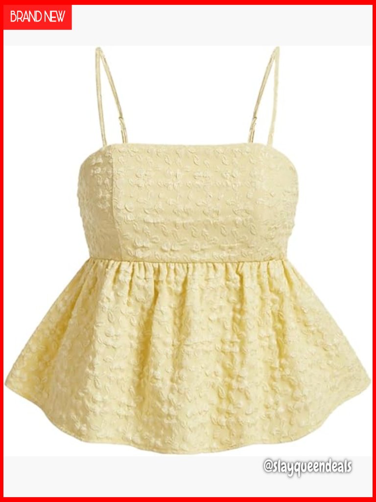 Spaghetti Strap Peplum Cami Top With Ruffle Hem Jacquard Fabric
